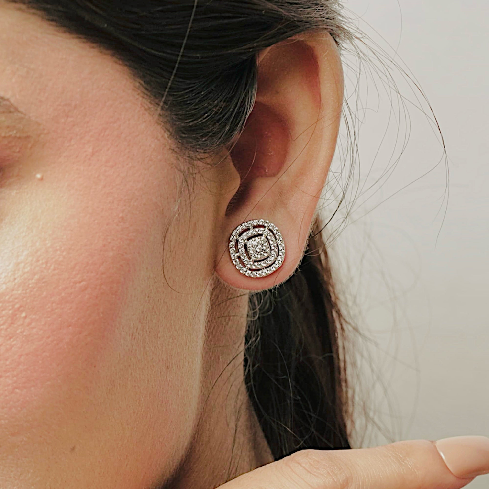 Round - Square Halo Earrings-92.5 Sterling Silver / White Gold