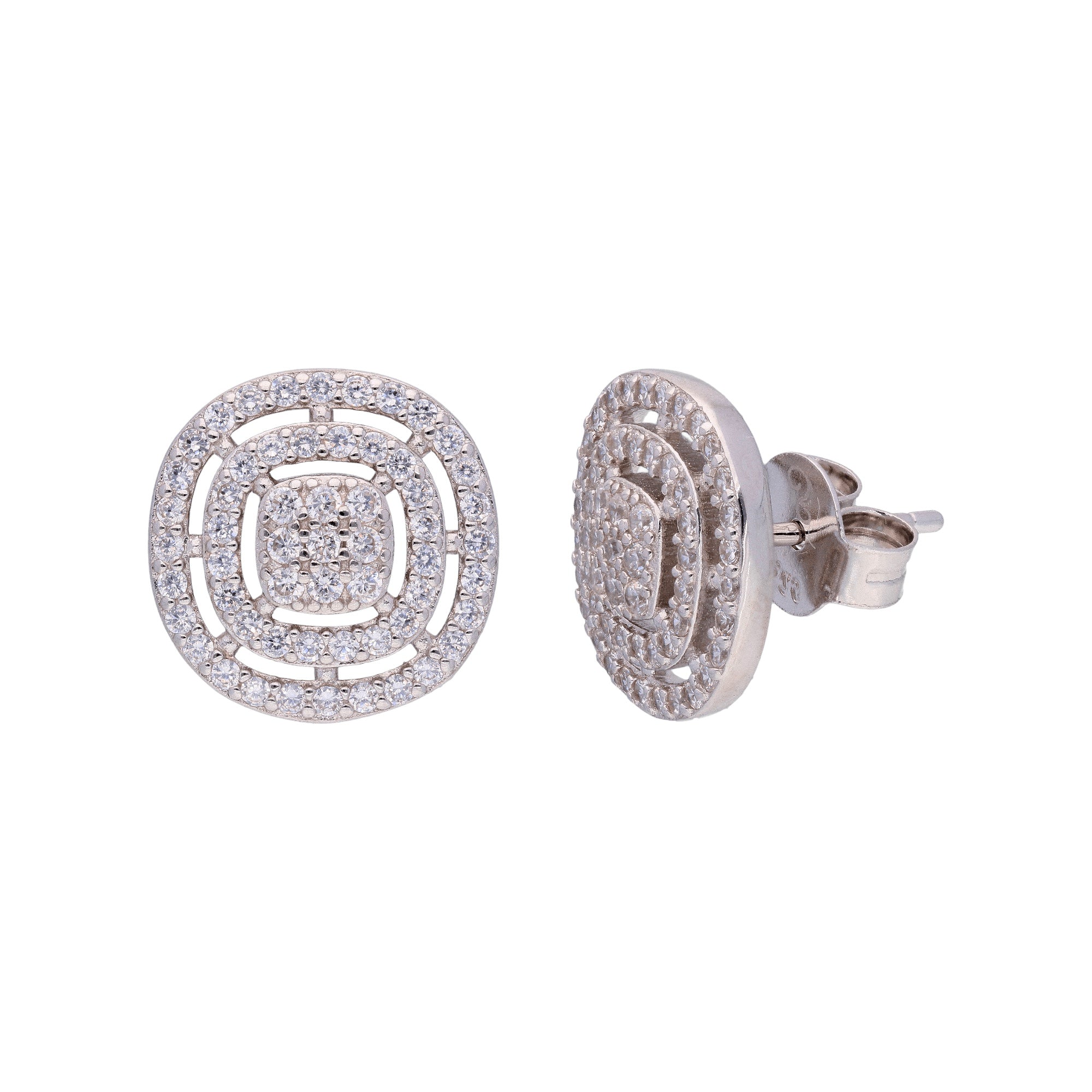 Round - Square Halo Earrings-92.5 Sterling Silver / White Gold