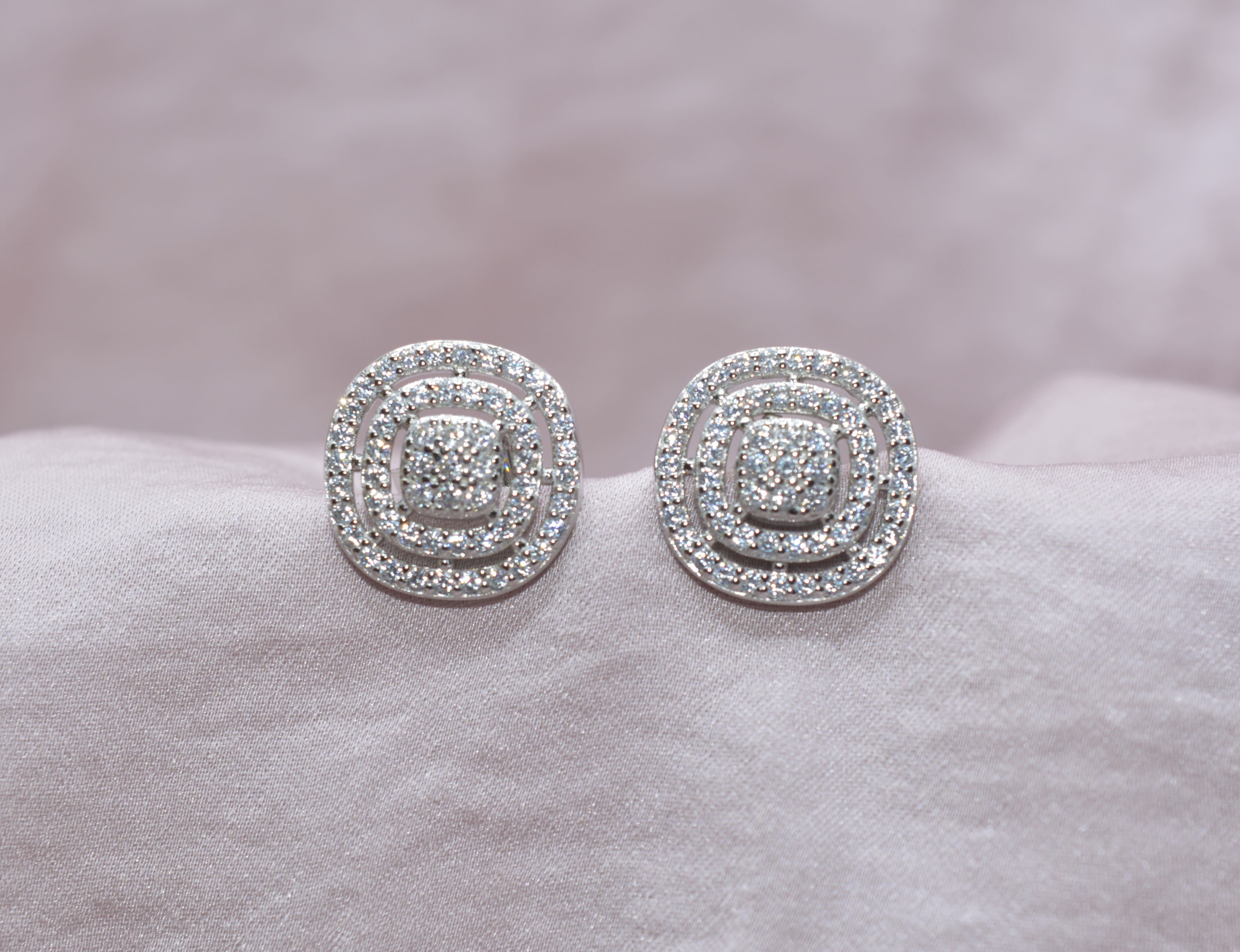 Round - Square Halo Earrings-92.5 Sterling Silver / White Gold