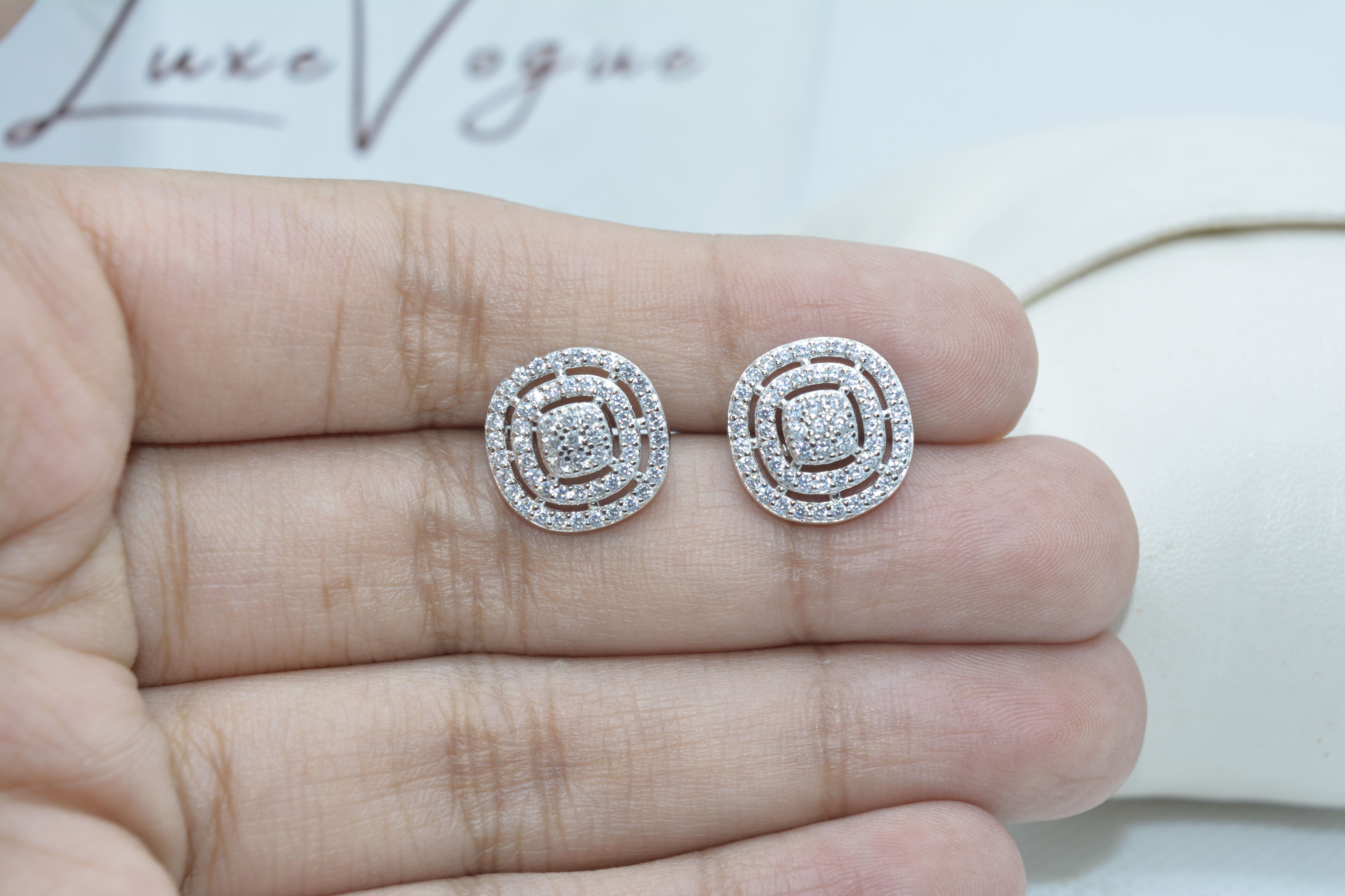 Round - Square Halo Earrings-92.5 Sterling Silver / White Gold