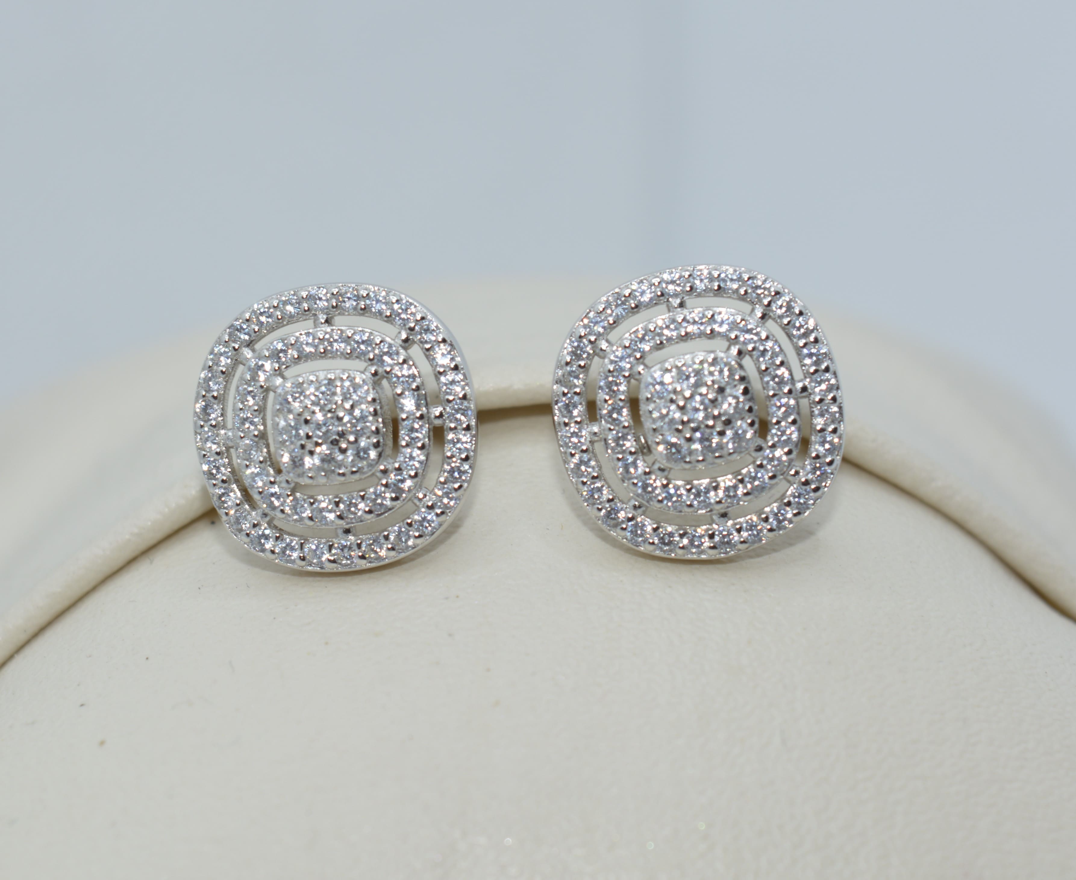 Round - Square Halo Earrings-92.5 Sterling Silver / White Gold