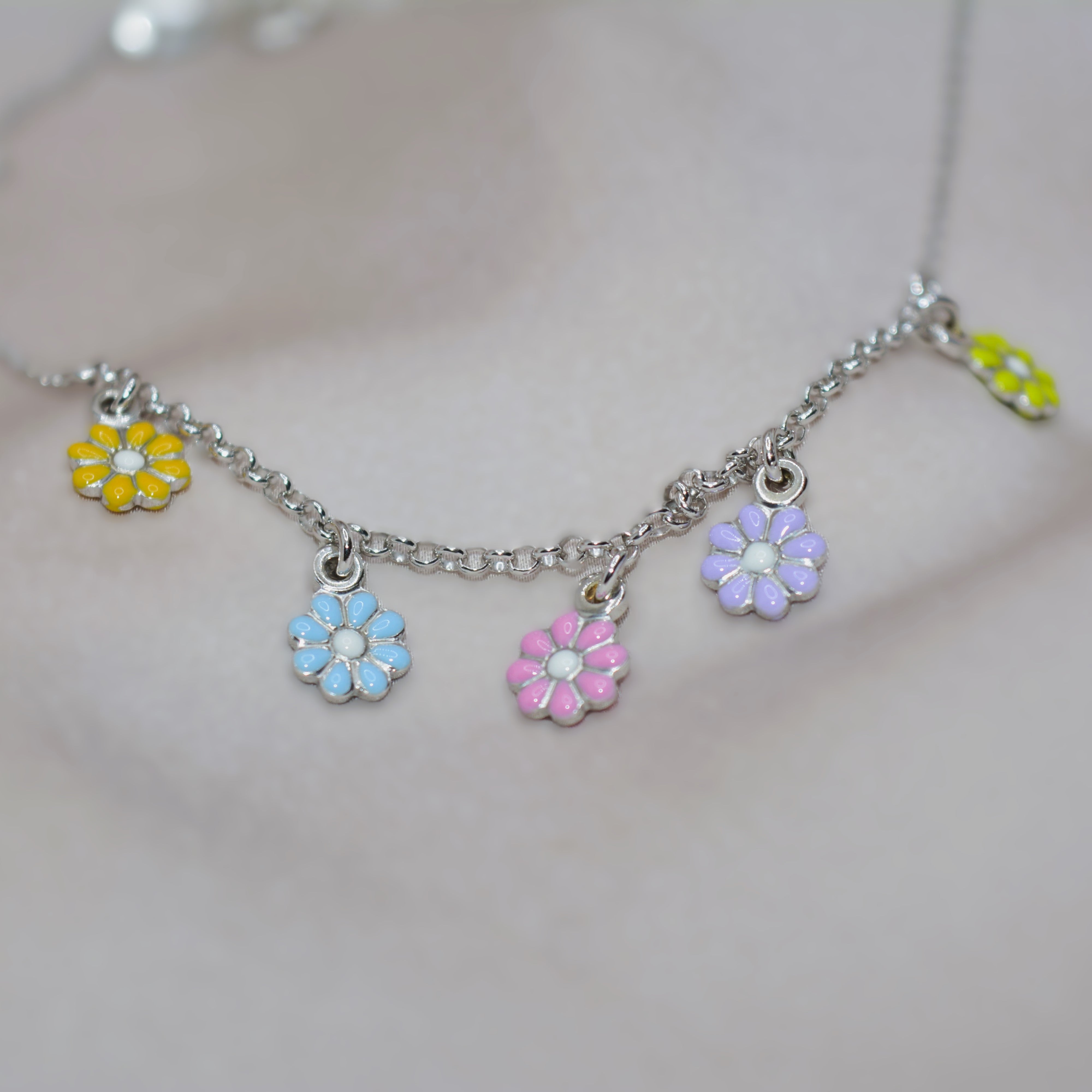 Colorful Flower Charm Necklace for Teens - 925 Silver Jewelry