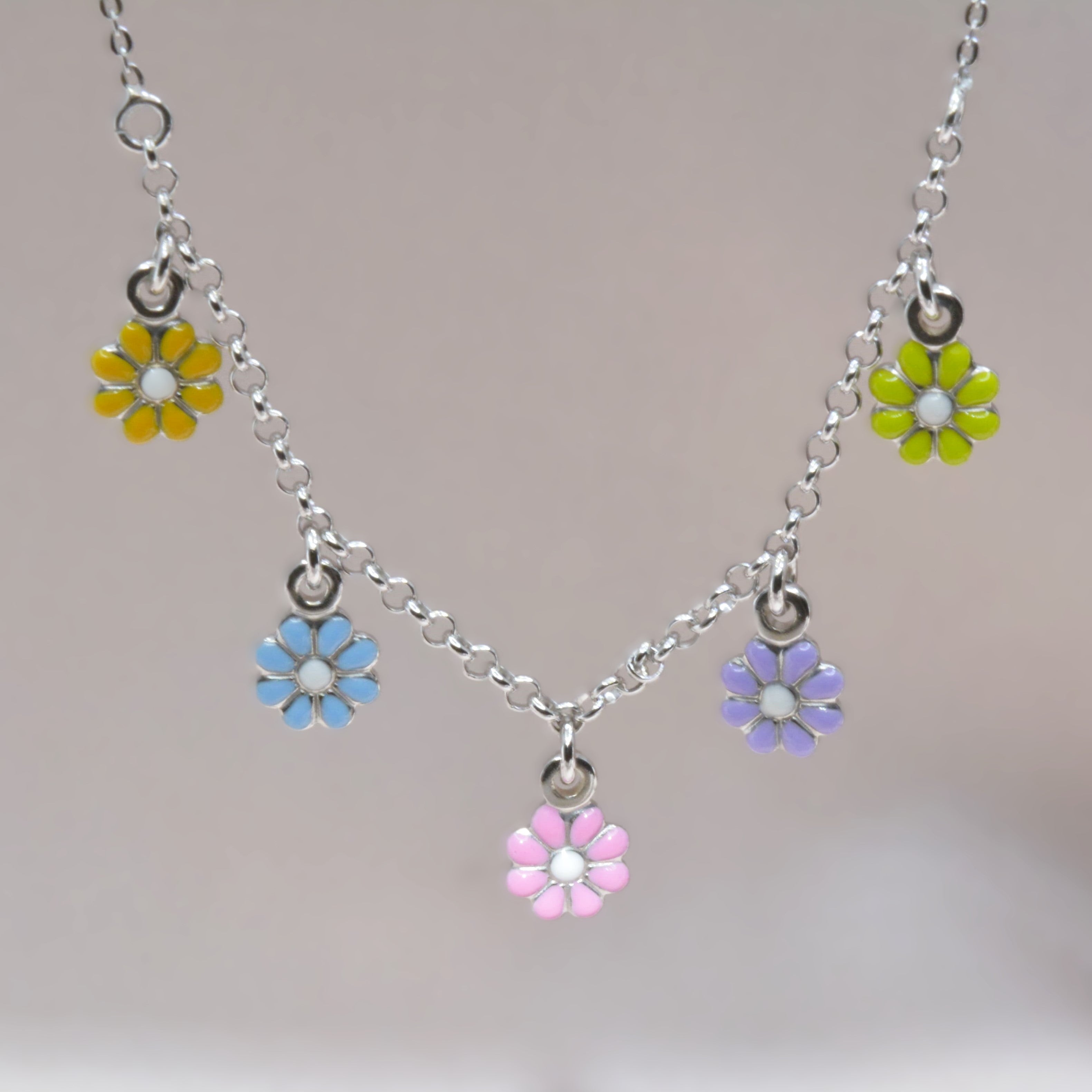 Colorful Flower Charm Necklace for Teens - 925 Silver Jewelry