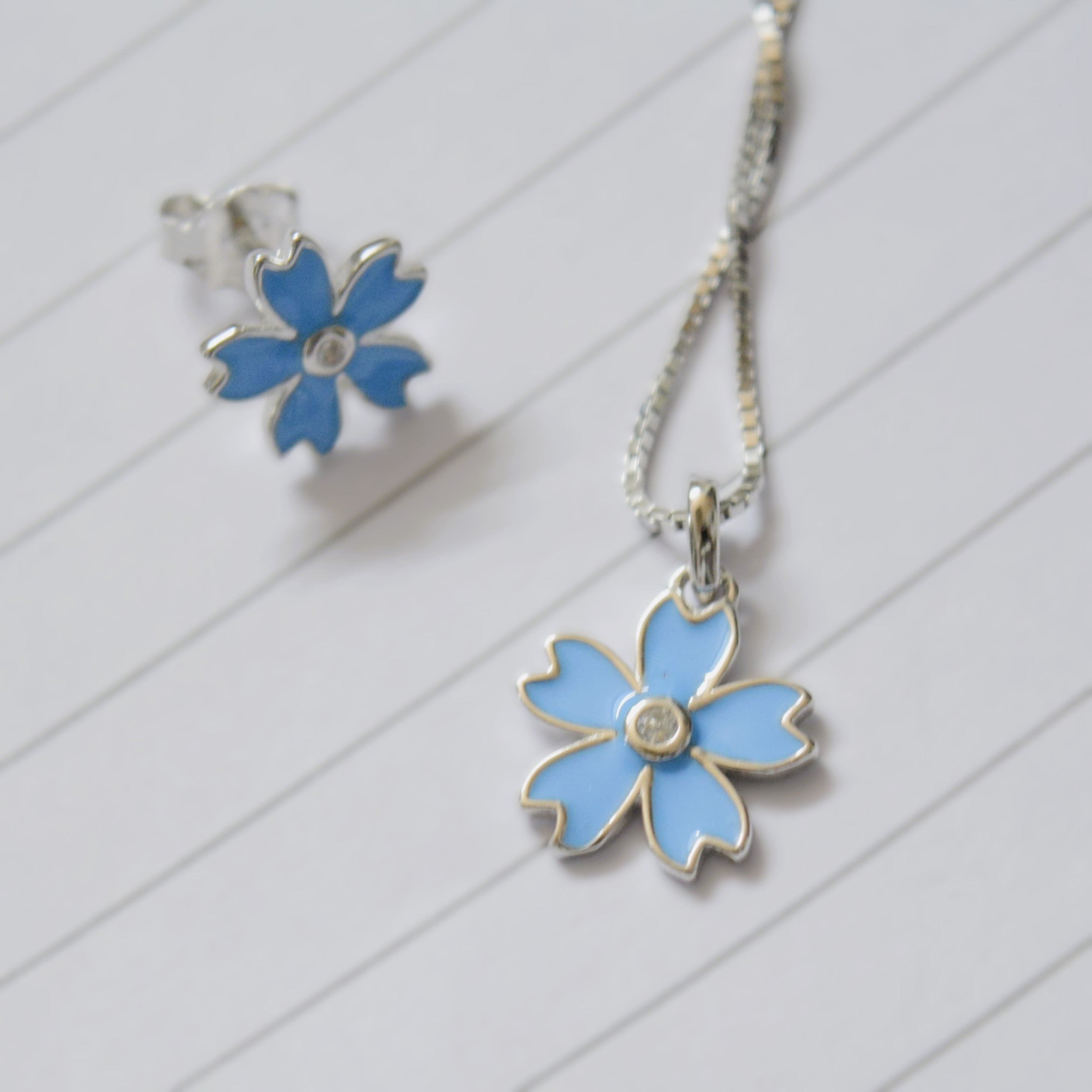 Blue Flower Necklace Set for Teens - 925 Silver Jewelry