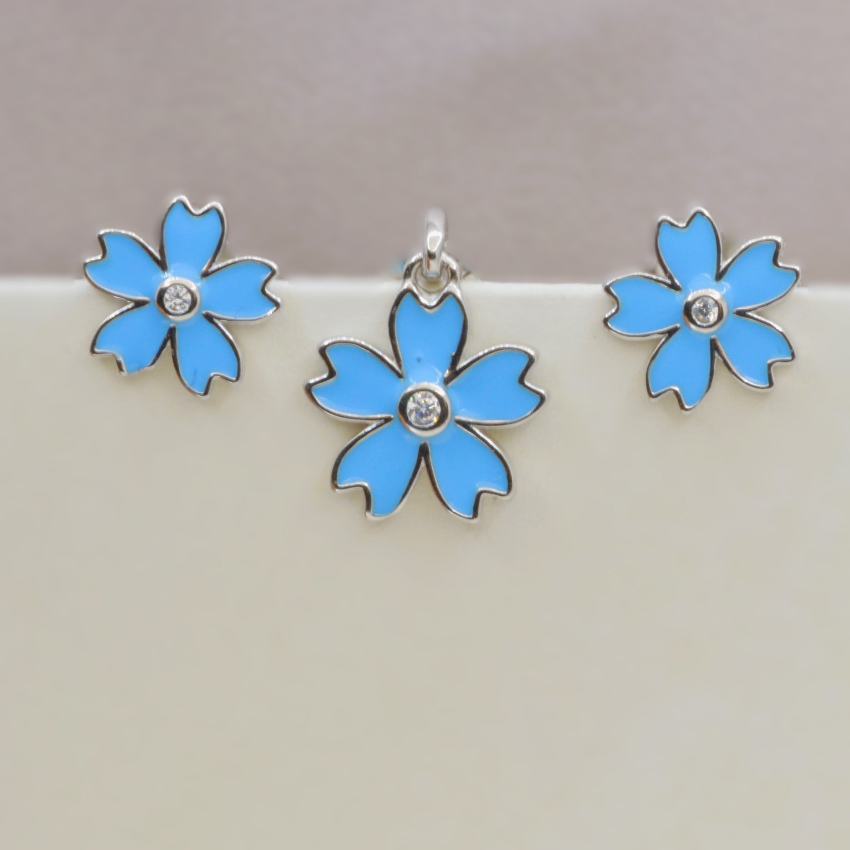 Blue Flower Necklace Set for Teens - 925 Silver Jewelry