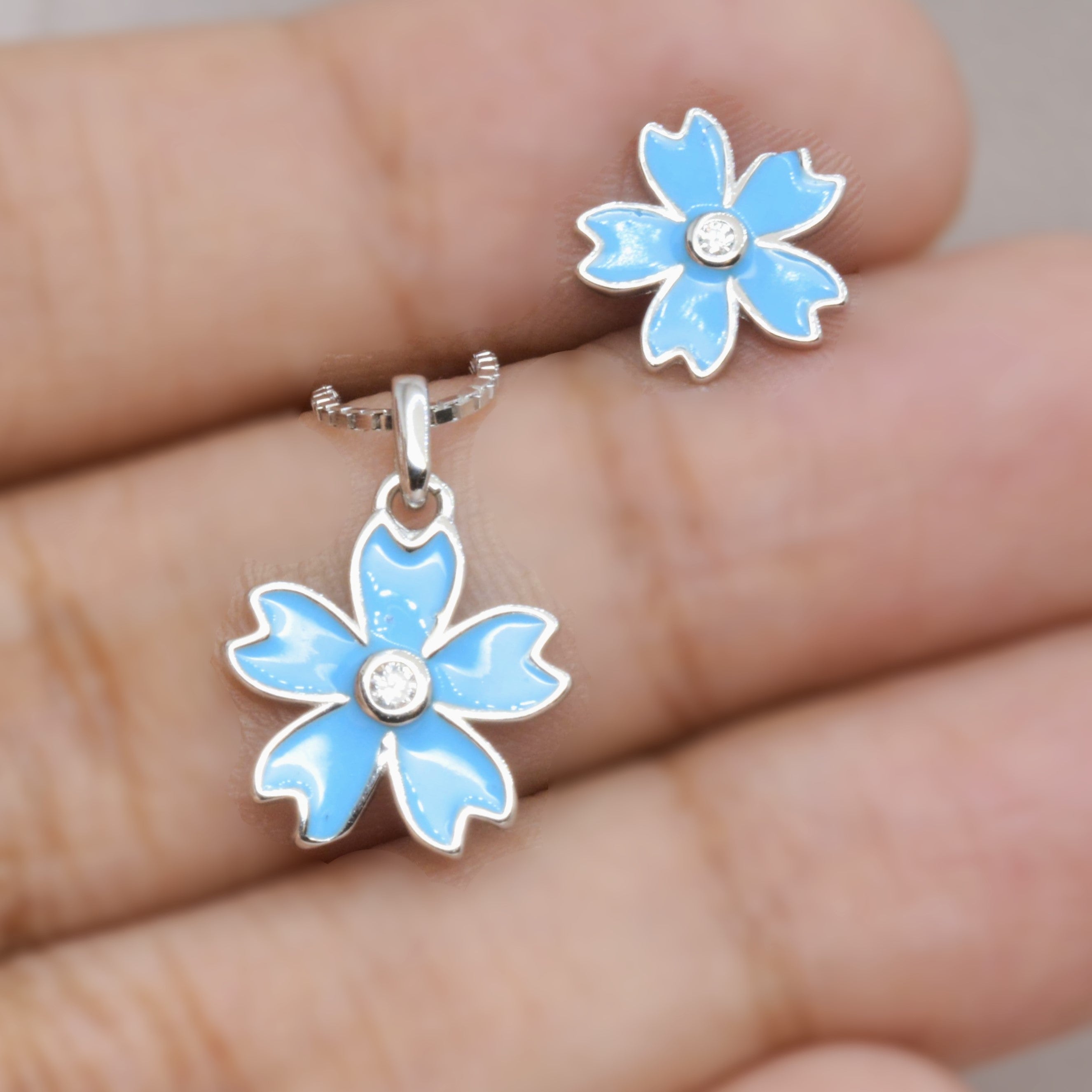 Blue Flower Necklace Set for Teens - 925 Silver Jewelry