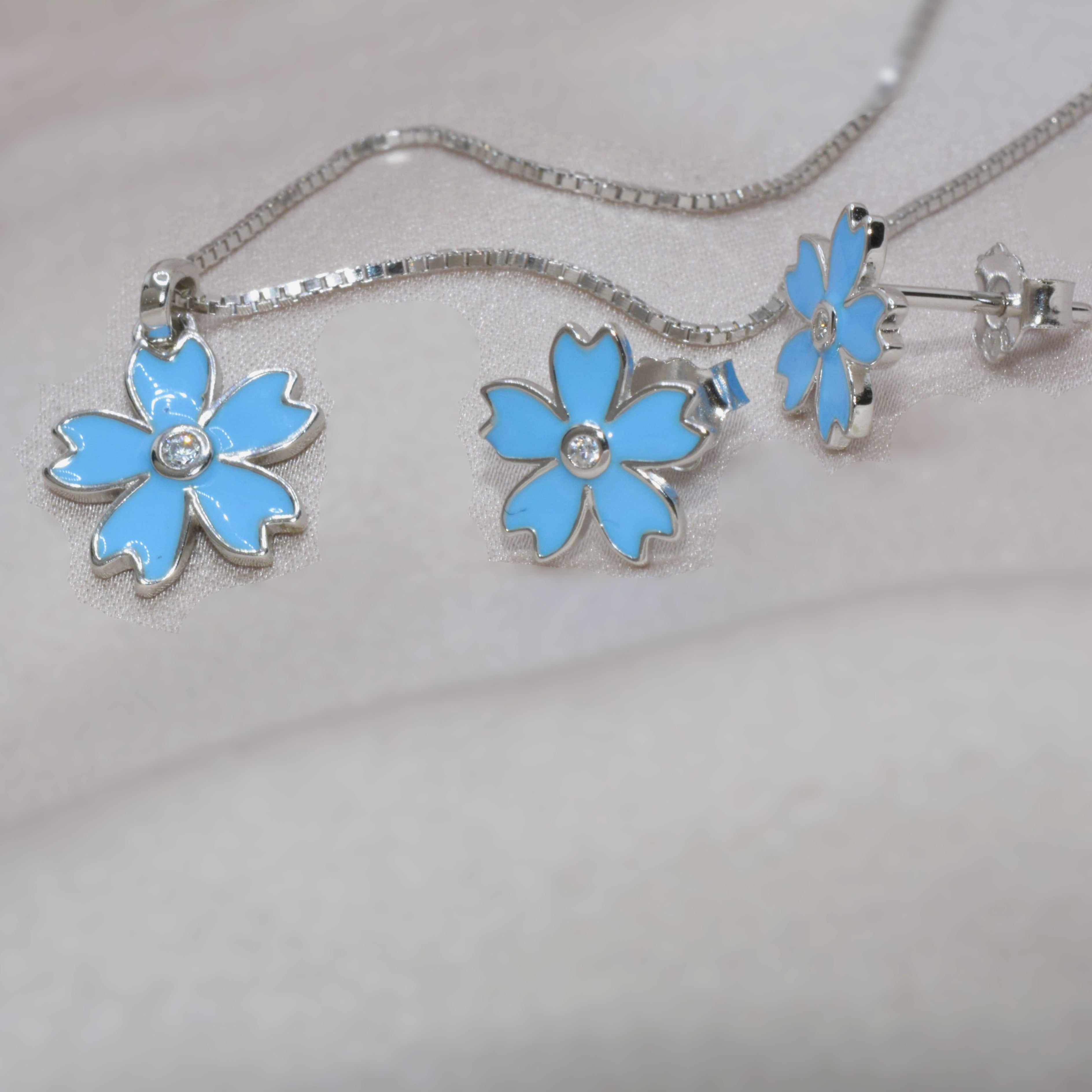 Blue Flower Necklace Set for Teens - 925 Silver Jewelry