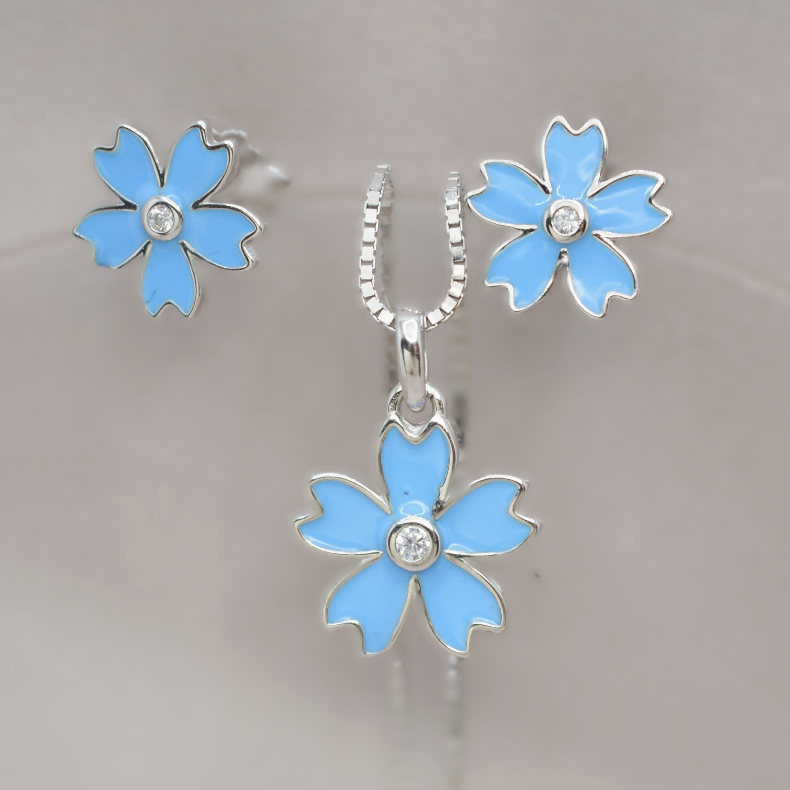 Blue Flower Necklace Set for Teens - 925 Silver Jewelry