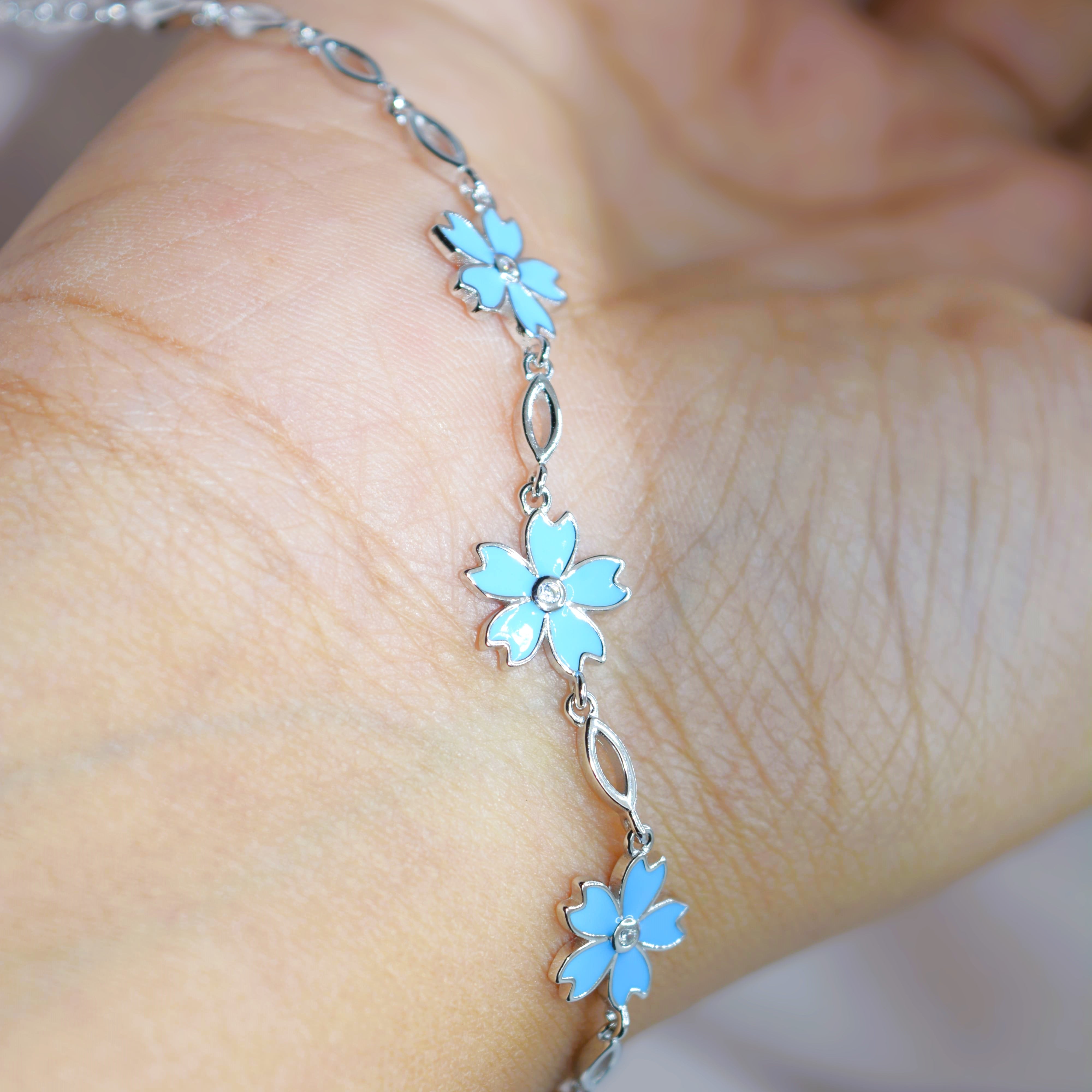 Delicate Light Blue Flower Charm Bracelet in 925 Sterling Silver