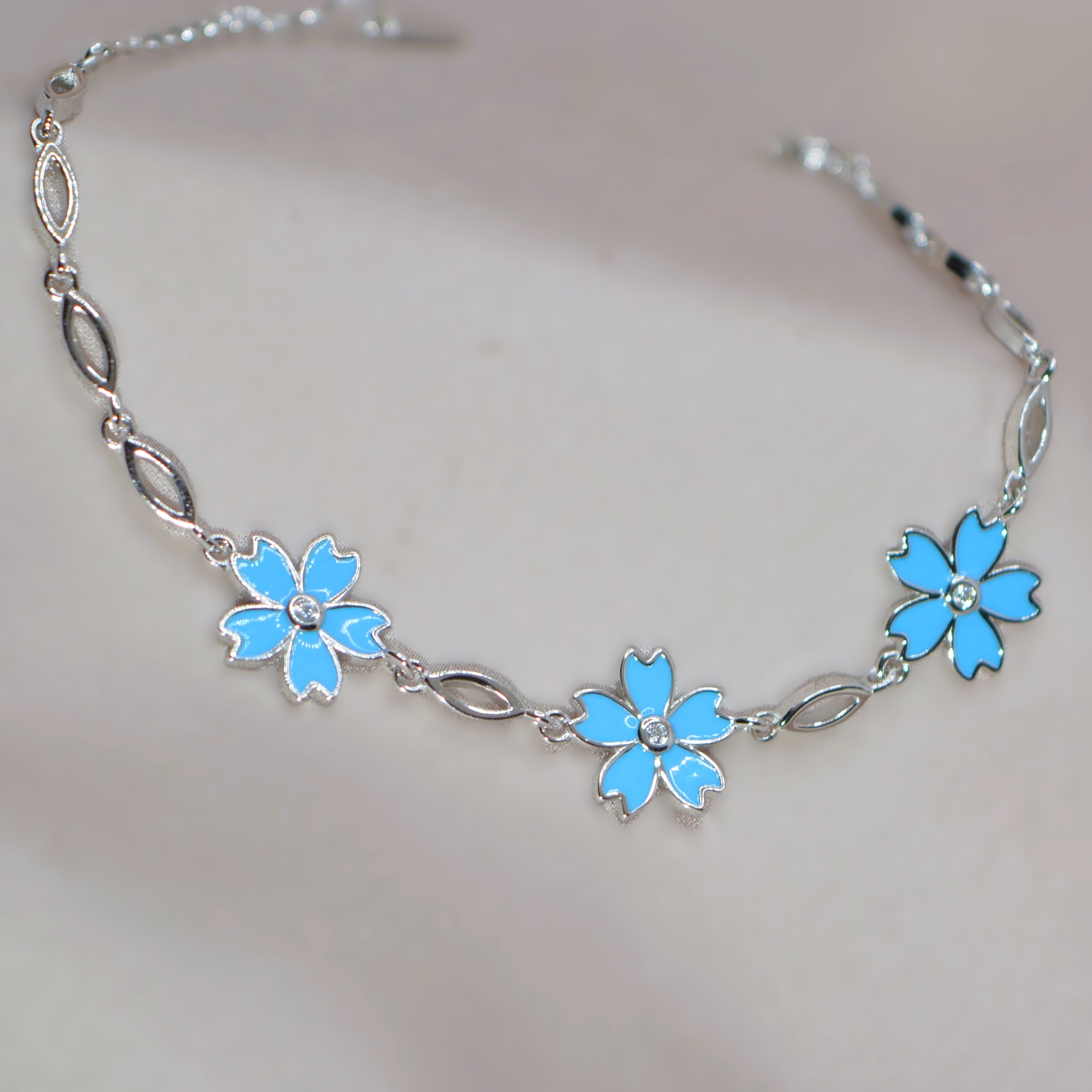 Delicate Light Blue Flower Charm Bracelet in 925 Sterling Silver