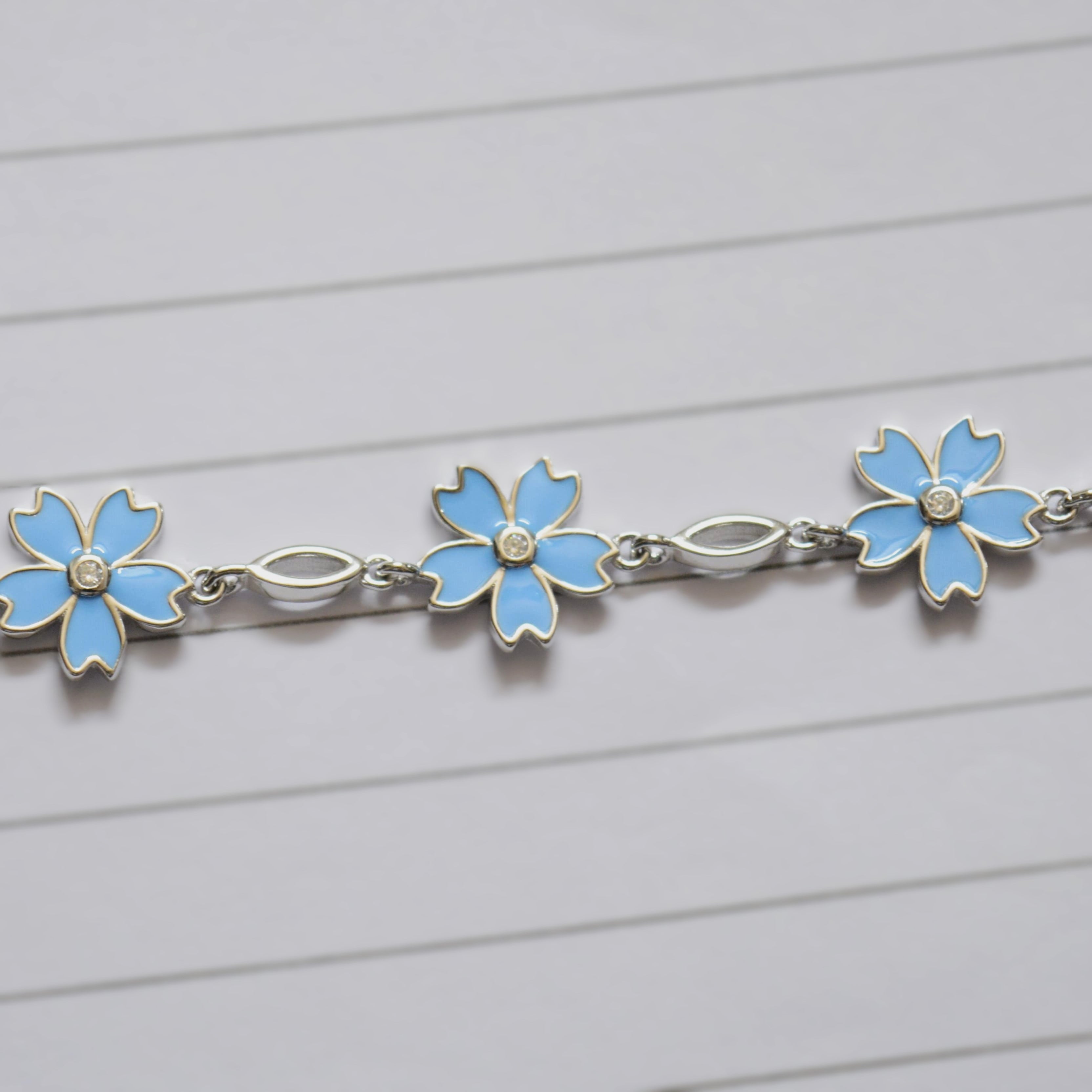 Delicate Light Blue Flower Charm Bracelet in 925 Sterling Silver