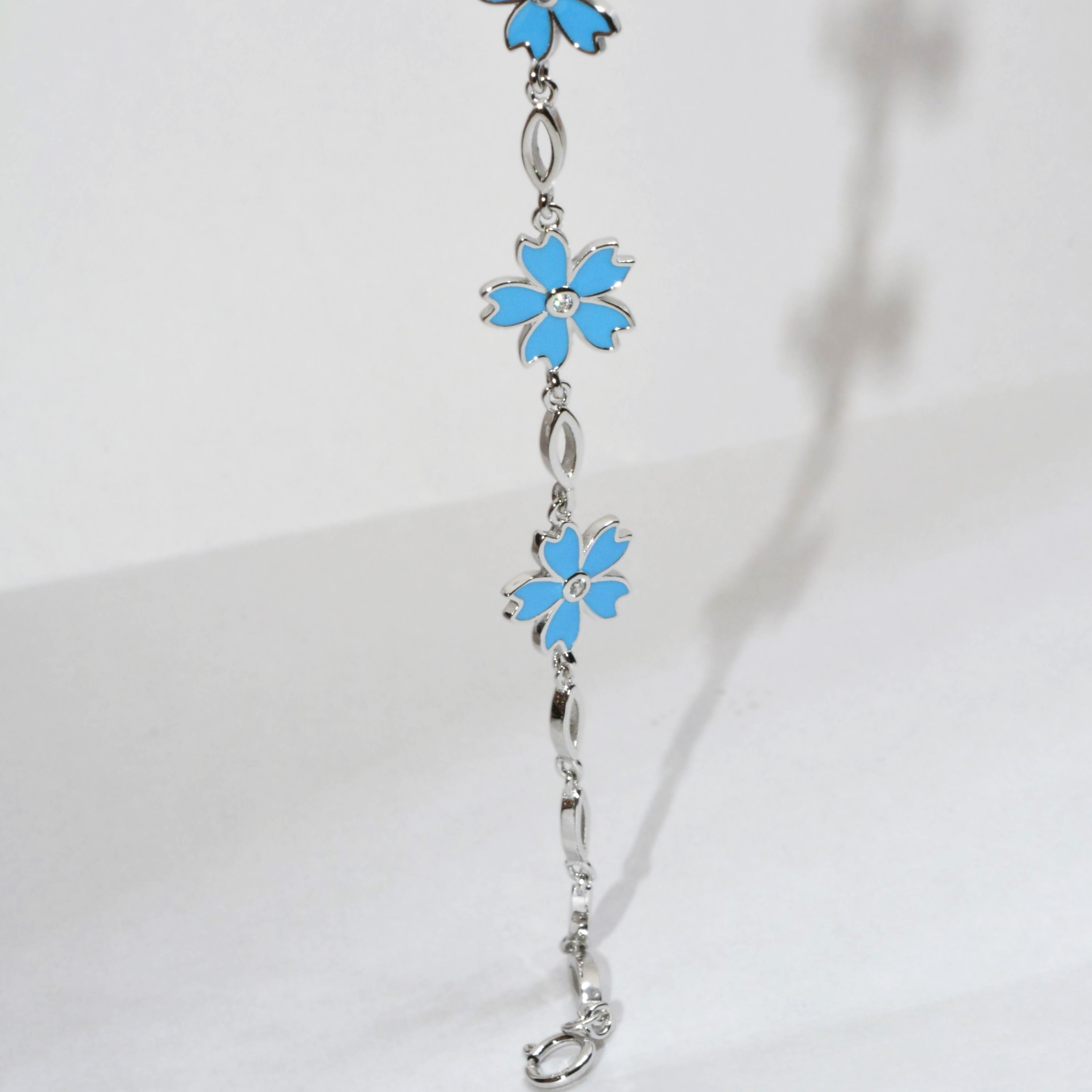 Delicate Light Blue Flower Charm Bracelet in 925 Sterling Silver