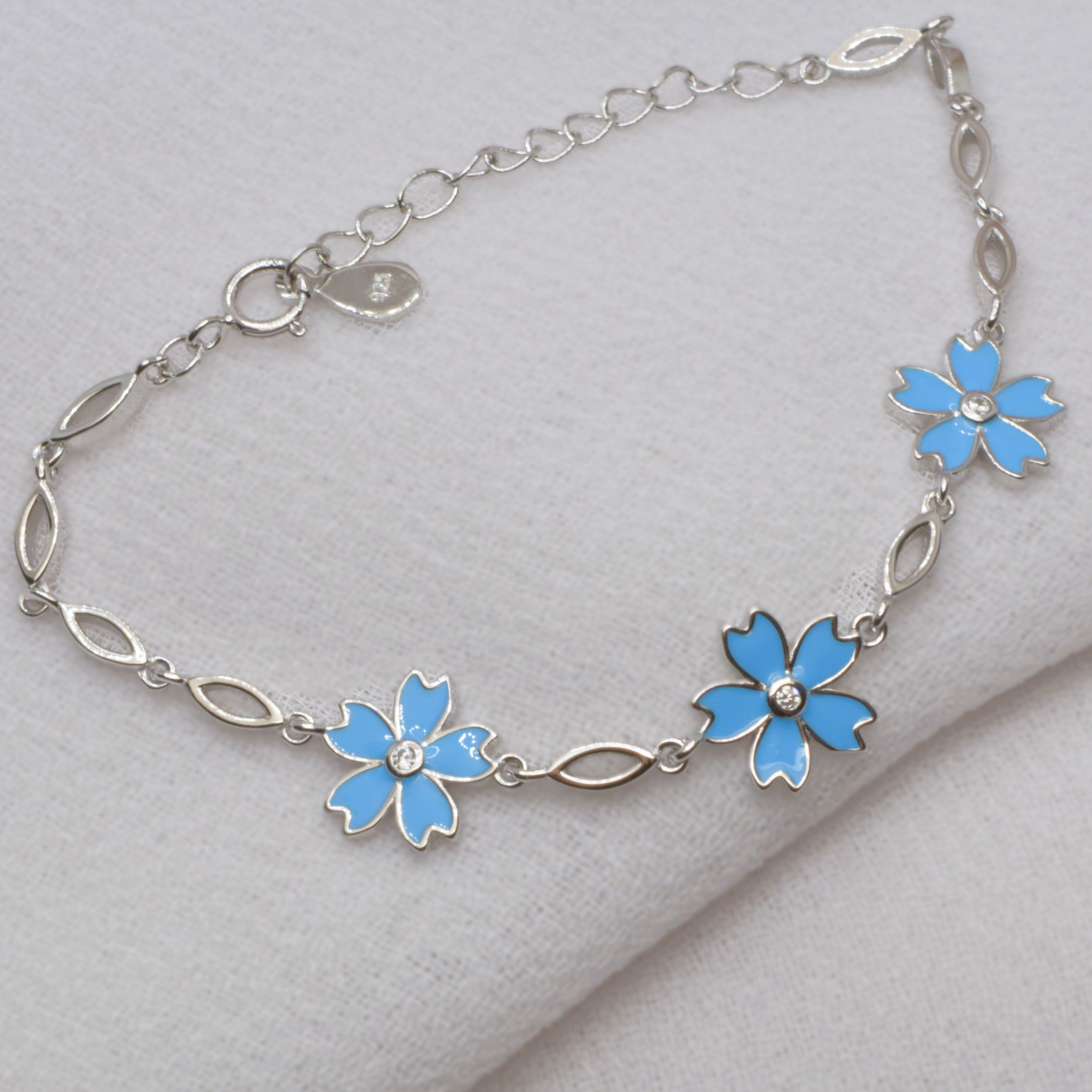 Delicate Light Blue Flower Charm Bracelet in 925 Sterling Silver