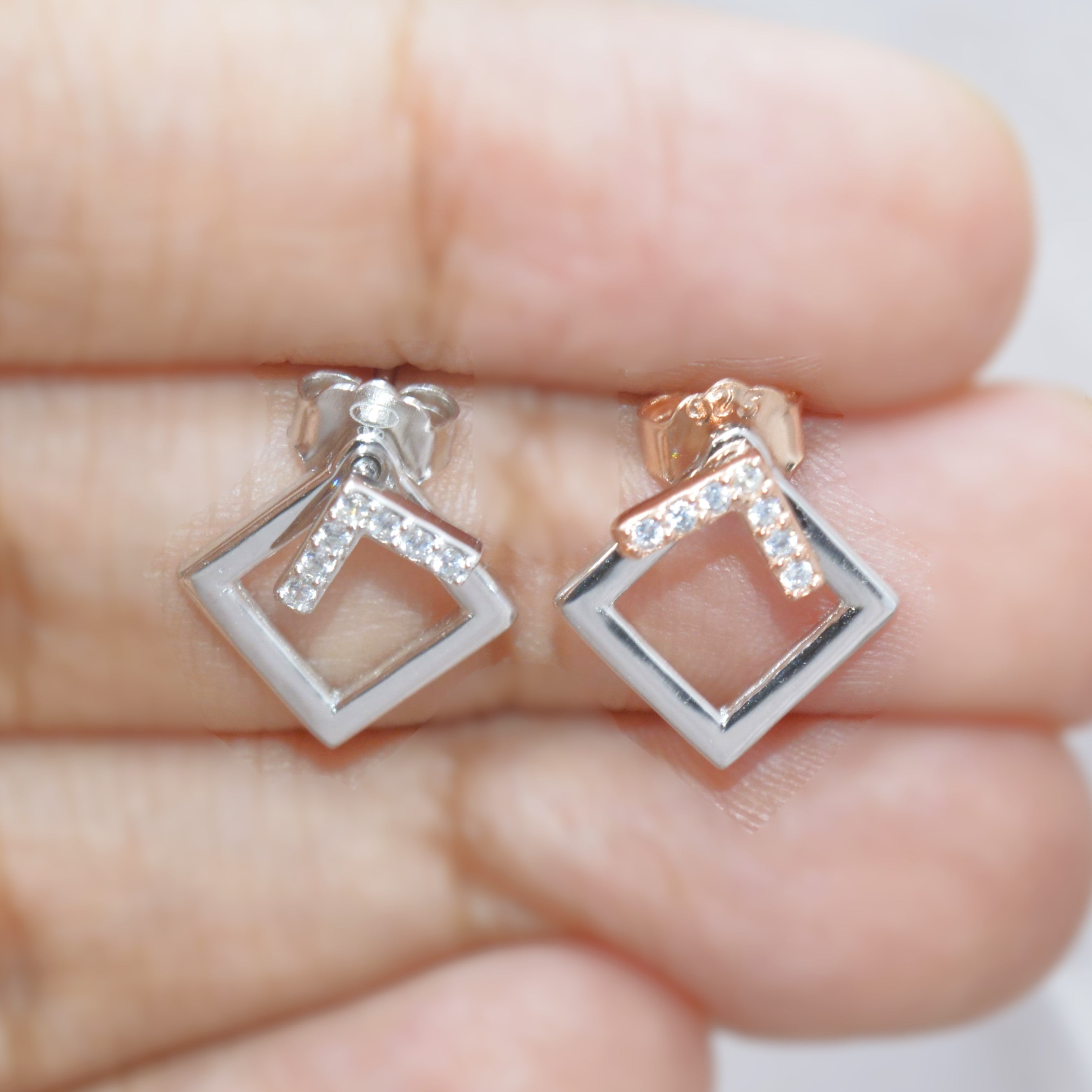 Geometric Square Jacket Earrings with Diamonds - 925 Silver Jewelry