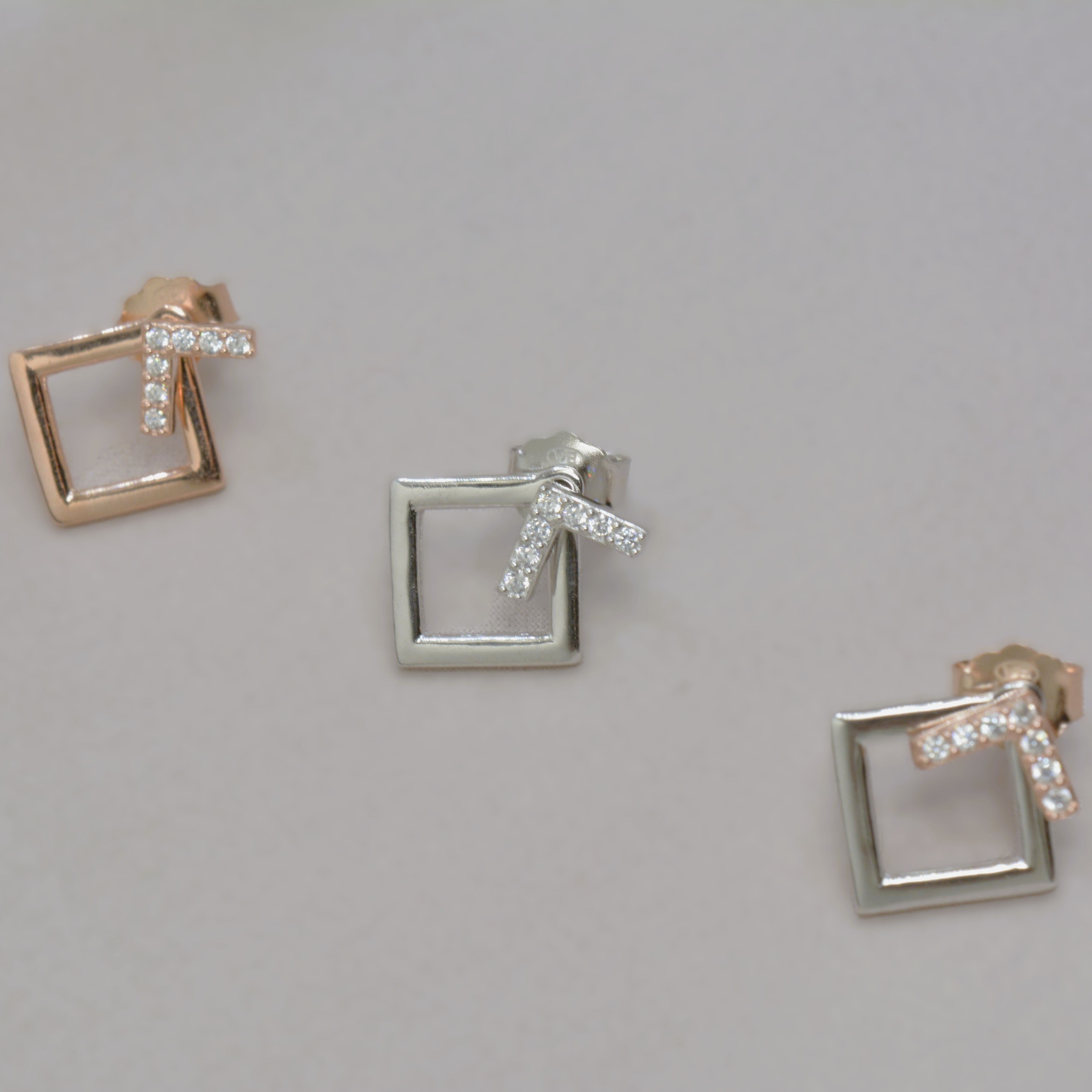 Geometric Square Jacket Earrings with Diamonds - 925 Silver Jewelry