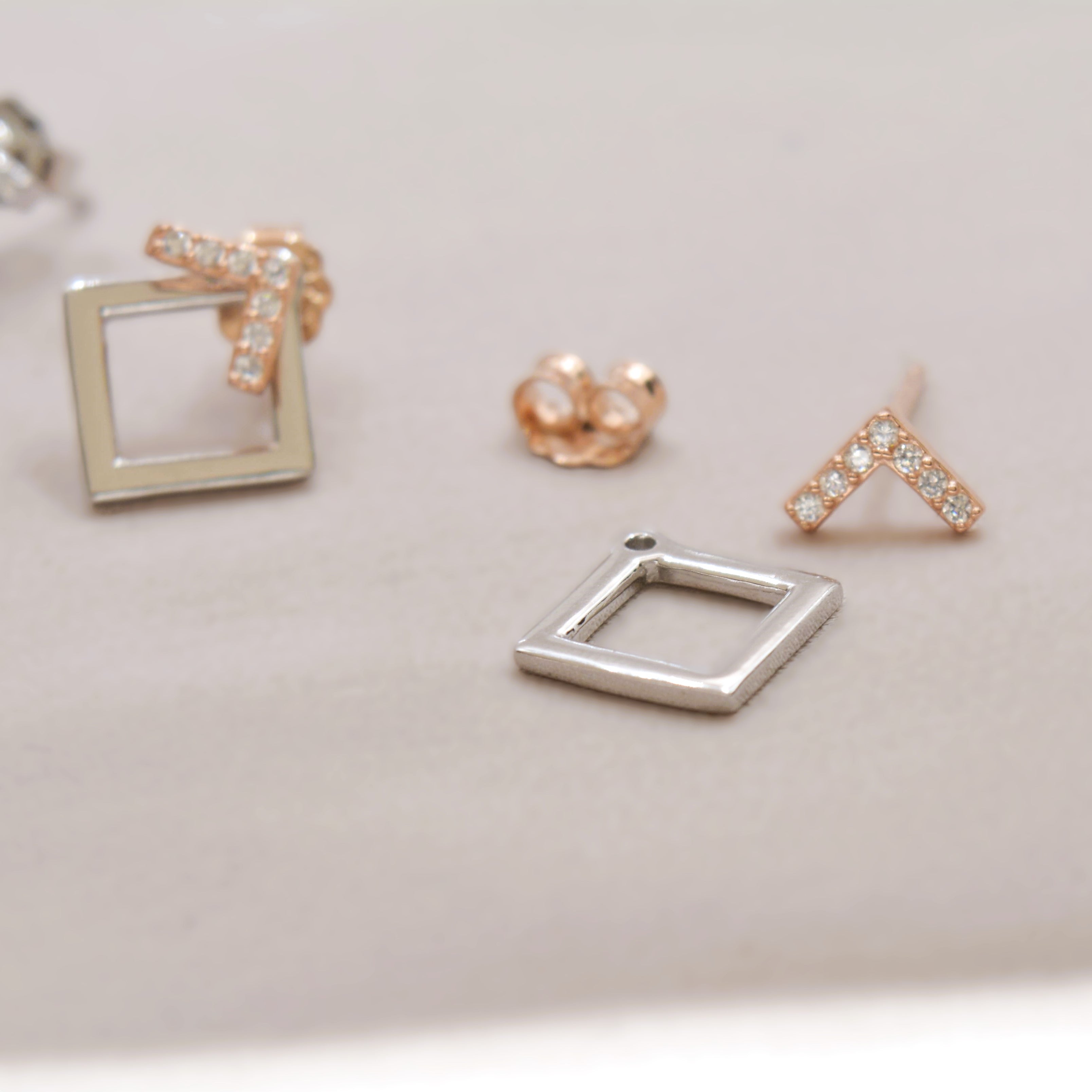 Geometric Square Jacket Earrings with Diamonds - 925 Silver Jewelry