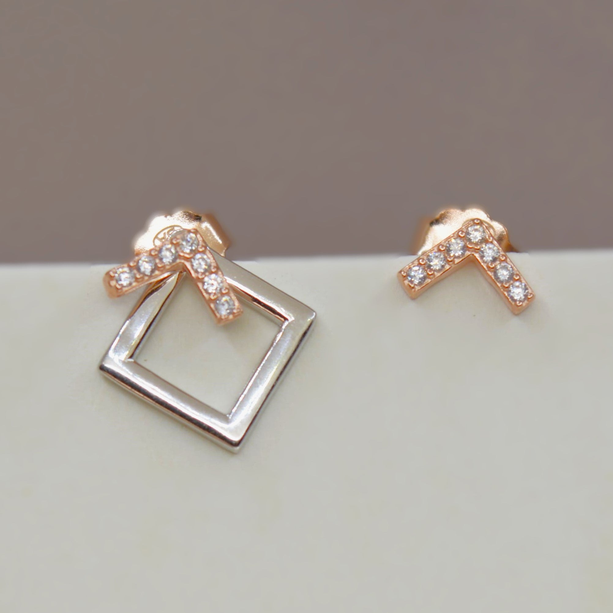 Geometric Square Jacket Earrings with Diamonds - 925 Silver Jewelry