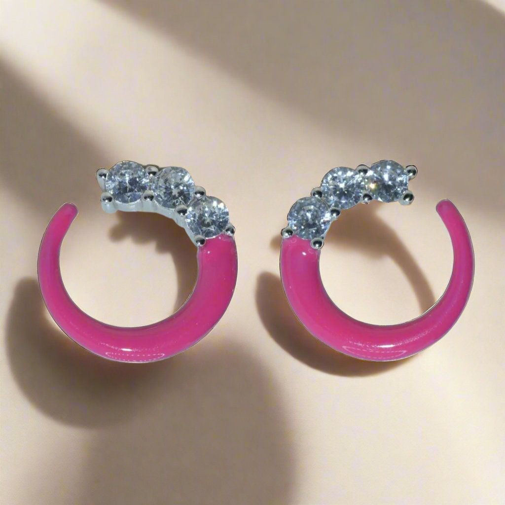 Charming Pink Enamel Circle Stud Earrings